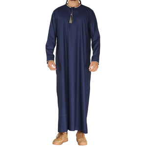 Men's Emirati Omani Thobe Jubba Islamic Clothing Muslim Kaftan Eid Robe Arab String Tassel - Navy - Thobez - 14