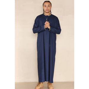 Men's Emirati Omani Thobe Jubba Islamic Clothing Muslim Kaftan Eid Robe Arab String Tassel - Navy - Thobez - 17
