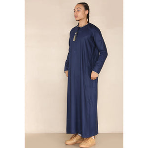 Men's Emirati Omani Thobe Jubba Islamic Clothing Muslim Kaftan Eid Robe Arab String Tassel - Navy - Thobez - 18