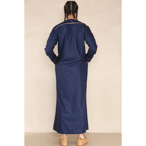 Men's Emirati Omani Thobe Jubba Islamic Clothing Muslim Kaftan Eid Robe Arab String Tassel - Navy - Thobez - 19