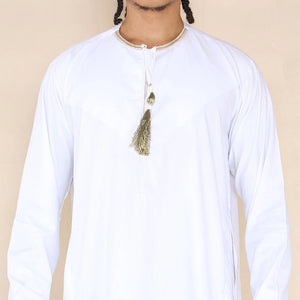 Men's Emirati Omani Thobe Jubba Islamic Clothing Muslim Kaftan Eid Robe Arab String Tassel - White - Thobez - 21