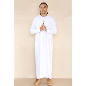 Men's Emirati Omani Thobe Jubba Islamic Clothing Muslim Kaftan Eid Robe Arab String Tassel - White - Thobez - 23