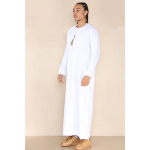 Men's Emirati Omani Thobe Jubba Islamic Clothing Muslim Kaftan Eid Robe Arab String Tassel - White - Thobez - 24