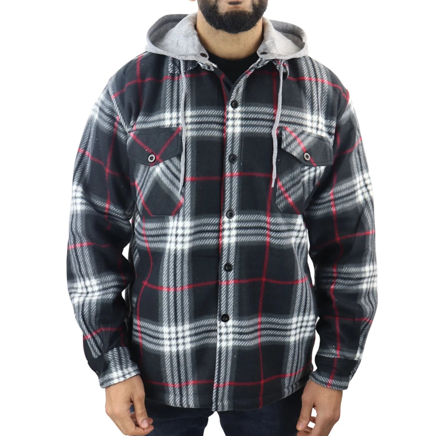 Men's Fleece Lined Lumberjack Hooded Check Winter Shirt - Red - TruClothing.com - 1