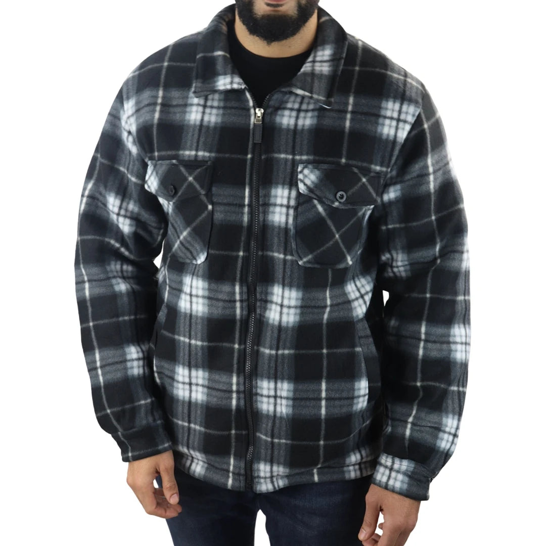 Pull chemise pour homme doublure polaire fourrée et zippée style bucheron avec carreaux pour l'hiver - Gris - TruClothing.com - 1