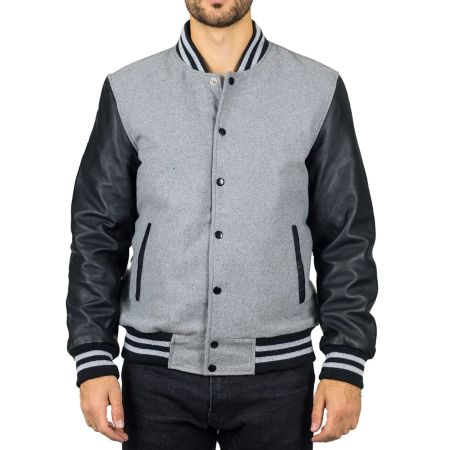 Herren Grauschwarze Varsity Bomberjacke - Infinity Leather - 1