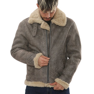 Herren graue Lammfell-Leder B3 Aviator Bomberjacke - Infinity Leather - 3