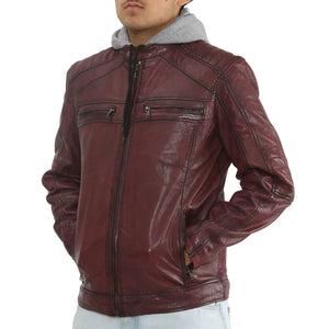 Kurtka motocyklowa męska z kapturem z jagnięcej skóry - Bordowy - Infinity Leather - 13
