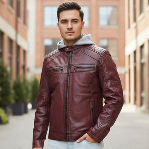 Kurtka motocyklowa męska z kapturem z jagnięcej skóry - Bordowy - Infinity Leather - 9