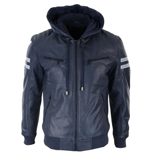 Men's Hooded Leather Bomber Jacket Red Stripes Quilted - Navy - Aviatrix - 34