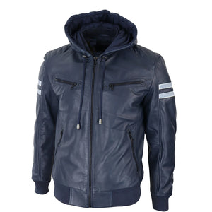 Men's Hooded Leather Bomber Jacket Red Stripes Quilted - Navy - Aviatrix - 35