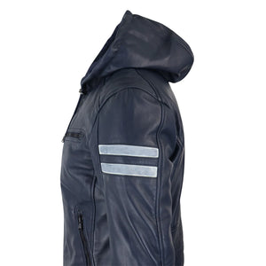 Men's Hooded Leather Bomber Jacket Red Stripes Quilted - Navy - Aviatrix - 37