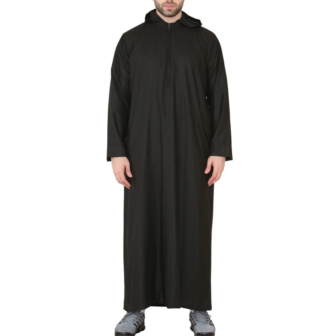 Men's Hooded Thobe Nehru Collar Islamic Clothing Muslim Kaftan Robe Saudi - Black - Thobez - 1