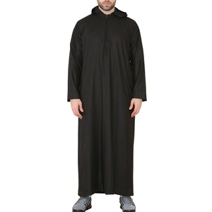 Men's Hooded Thobe Nehru Collar Islamic Clothing Muslim Kaftan Robe Saudi - Black - Thobez - 1
