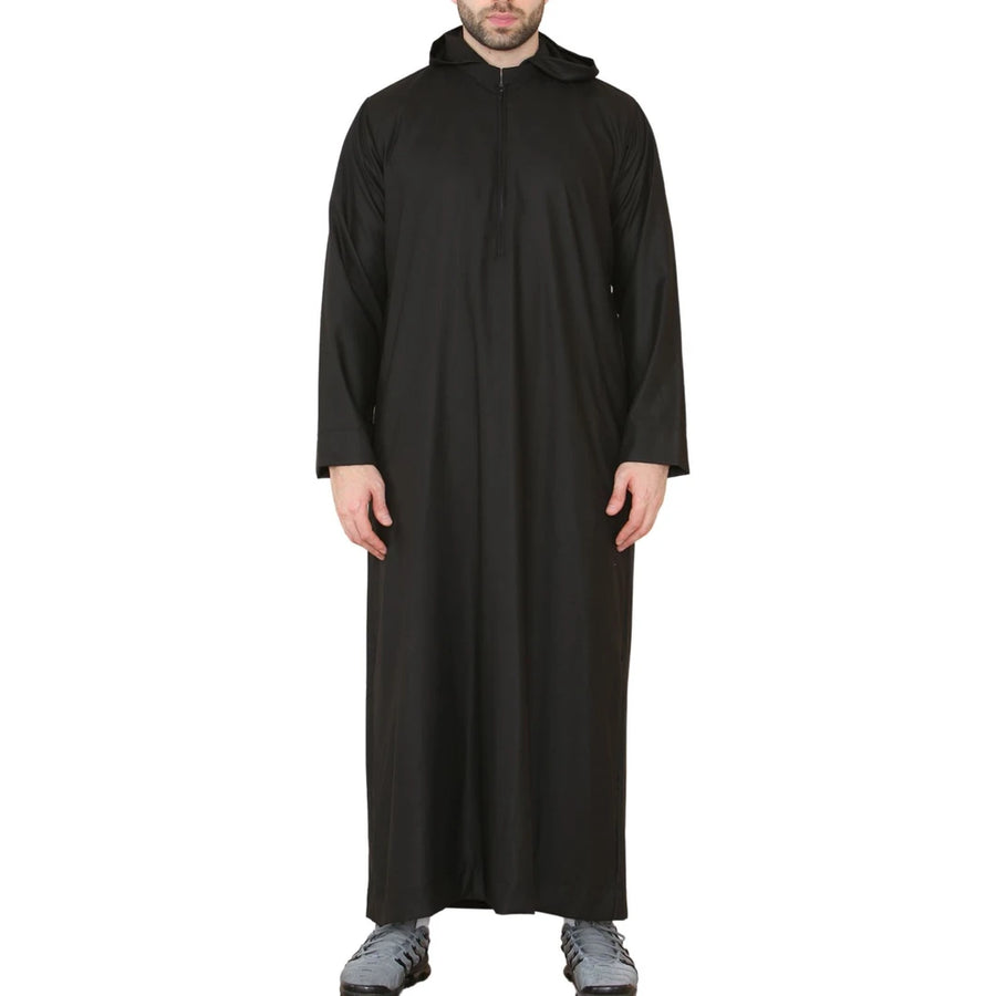 Men's Hooded Thobe Nehru Collar Islamic Clothing Muslim Kaftan Robe Saudi - Black - Thobez - 1