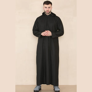 Men's Hooded Thobe Nehru Collar Islamic Clothing Muslim Kaftan Robe Saudi - Black - Thobez - 3