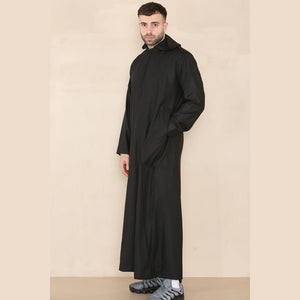 Men's Hooded Thobe Nehru Collar Islamic Clothing Muslim Kaftan Robe Saudi - Black - Thobez - 4