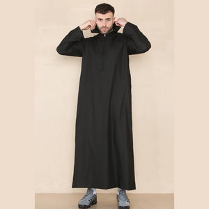 Men's Hooded Thobe Nehru Collar Islamic Clothing Muslim Kaftan Robe Saudi - Black - Thobez - 5