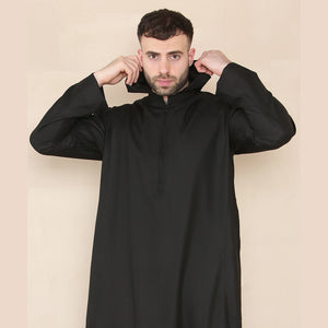 Men's Hooded Thobe Nehru Collar Islamic Clothing Muslim Kaftan Robe Saudi - Black - Thobez - 6