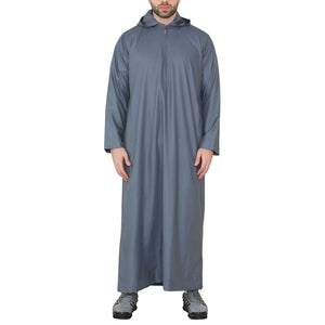 Men's Hooded Thobe Nehru Collar Islamic Clothing Muslim Kaftan Robe Saudi - Grey - Thobez - 14