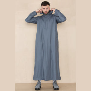 Men's Hooded Thobe Nehru Collar Islamic Clothing Muslim Kaftan Robe Saudi - Grey - Thobez - 15