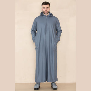 Men's Hooded Thobe Nehru Collar Islamic Clothing Muslim Kaftan Robe Saudi - Grey - Thobez - 16