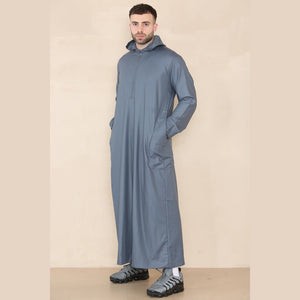 Men's Hooded Thobe Nehru Collar Islamic Clothing Muslim Kaftan Robe Saudi - Grey - Thobez - 17