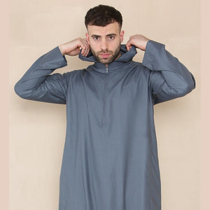 Men's Hooded Thobe Nehru Collar Islamic Clothing Muslim Kaftan Robe Saudi - Grey - Thobez - 18