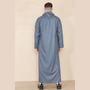 Men's Hooded Thobe Nehru Collar Islamic Clothing Muslim Kaftan Robe Saudi - Grey - Thobez - 19