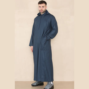 Men's Hooded Thobe Nehru Collar Islamic Clothing Muslim Kaftan Robe Saudi - Navy - Thobez - 10