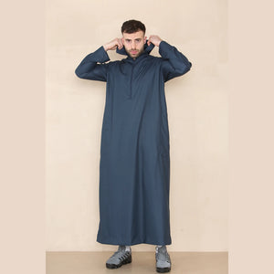 Men's Hooded Thobe Nehru Collar Islamic Clothing Muslim Kaftan Robe Saudi - Navy - Thobez - 11