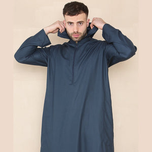 Men's Hooded Thobe Nehru Collar Islamic Clothing Muslim Kaftan Robe Saudi - Navy - Thobez - 12