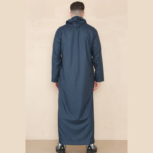 Men's Hooded Thobe Nehru Collar Islamic Clothing Muslim Kaftan Robe Saudi - Navy - Thobez - 13