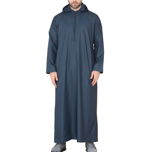 Men's Hooded Thobe Nehru Collar Islamic Clothing Muslim Kaftan Robe Saudi - Navy - Thobez - 8