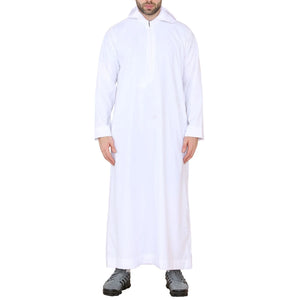 Men's Hooded Thobe Nehru Collar Islamic Clothing Muslim Kaftan Robe Saudi - White - Thobez - 20