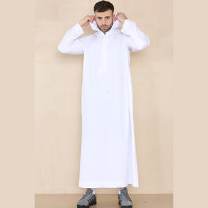 Men's Hooded Thobe Nehru Collar Islamic Clothing Muslim Kaftan Robe Saudi - White - Thobez - 21