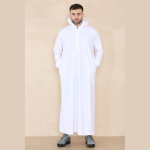 Men's Hooded Thobe Nehru Collar Islamic Clothing Muslim Kaftan Robe Saudi - White - Thobez - 22