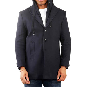 Men's Hooded Wool Blend Classic Overcoat - Navy - TruClothing.com - 15
