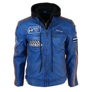 Giacca Moto da Uomo Bomber in Pelle da Corsa con Cappuccio - Blu - Infinity Leather - 13