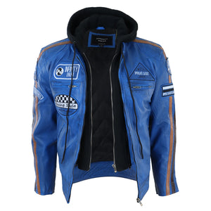 Giacca Moto da Uomo Bomber in Pelle da Corsa con Cappuccio - Blu - Infinity Leather - 14
