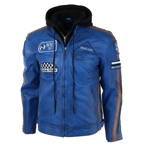 Giacca Moto da Uomo Bomber in Pelle da Corsa con Cappuccio - Blu - Infinity Leather - 15