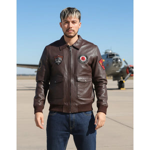 Men's Leather Bomber Jacket Pilot Air Force Style - Burgundy - Infinity Leather - 13