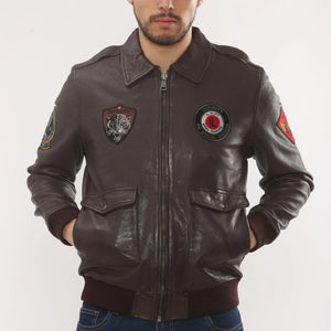 Men's Leather Bomber Jacket Pilot Air Force Style - Burgundy - Infinity Leather - 14