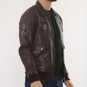 Men's Leather Bomber Jacket Pilot Air Force Style - Burgundy - Infinity Leather - 16
