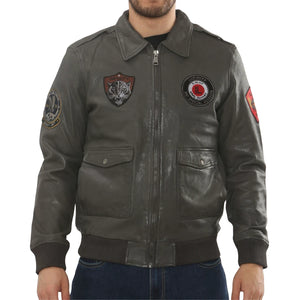 Men's Leather Bomber Jacket Pilot Air Force Style - Grey - Infinity Leather - 1
