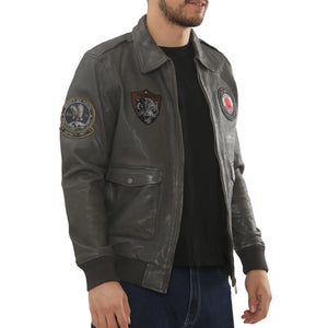 Men's Leather Bomber Jacket Pilot Air Force Style - Grey - Infinity Leather - 4