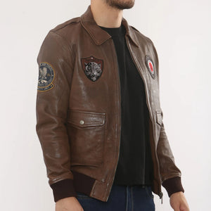 Men's Leather Bomber Jacket Pilot Air Force Style - Tan - Infinity Leather - 10