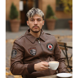 Men's Leather Bomber Jacket Pilot Air Force Style - Tan - Infinity Leather - 7
