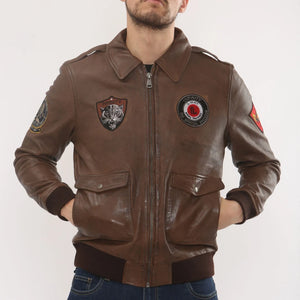 Men's Leather Bomber Jacket Pilot Air Force Style - Tan - Infinity Leather - 8