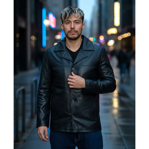 Giacca da uomo in pelle stile blazer con colletto tipo cappotto da auto - Nero - Infinity Leather - 2
